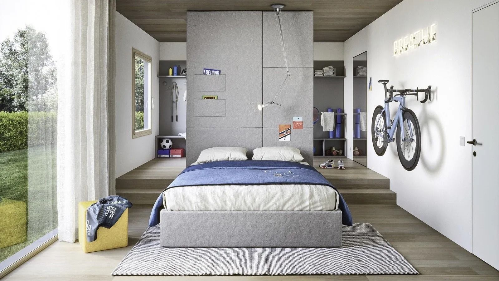 Camera da letto moderna con letto, bicicletta appesa e ampia finestra con vista sul verde.