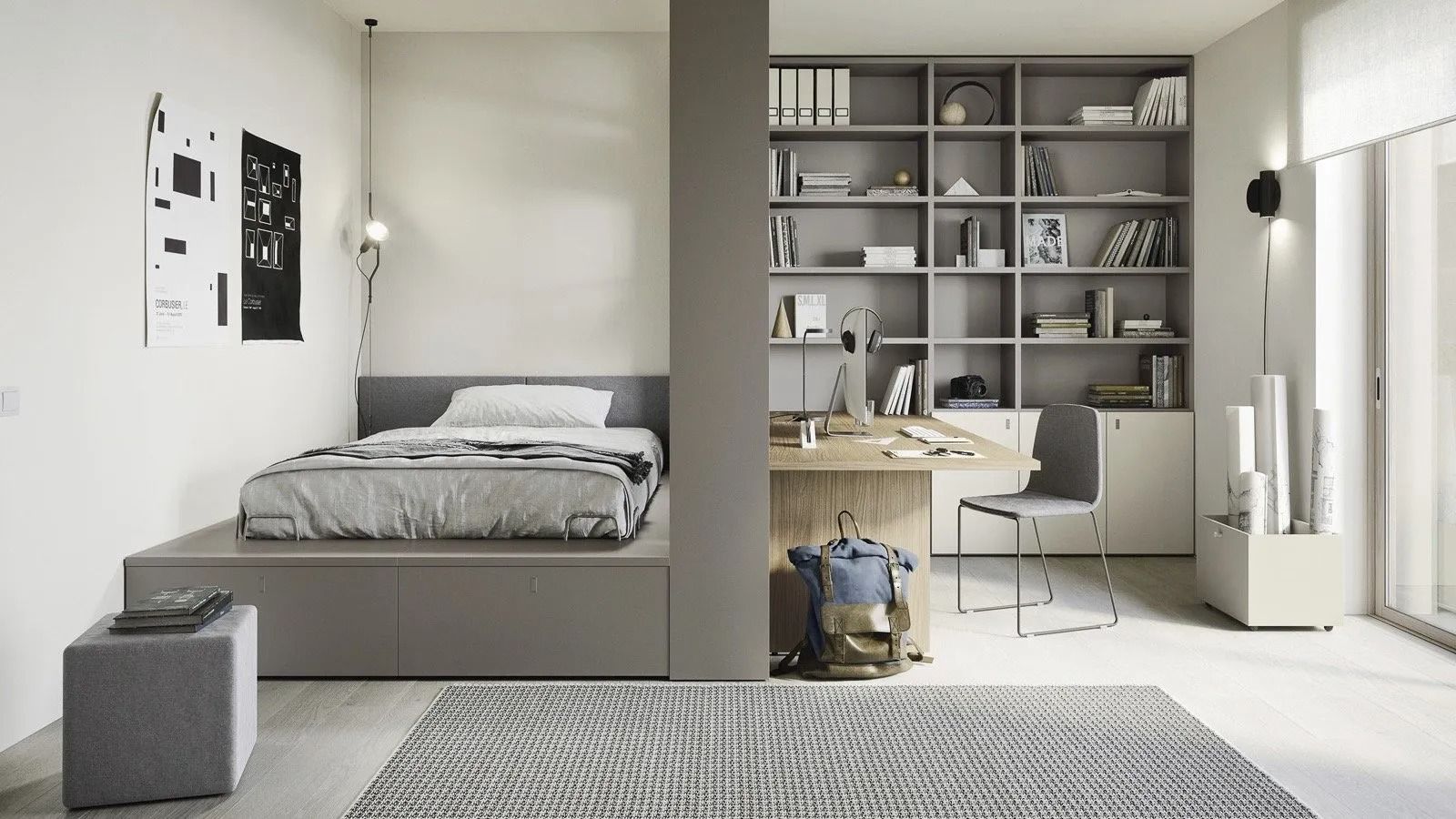 Camera da letto e studio minimalisti e moderni con letto grigio, scrivania, scaffali e ampie finestre.