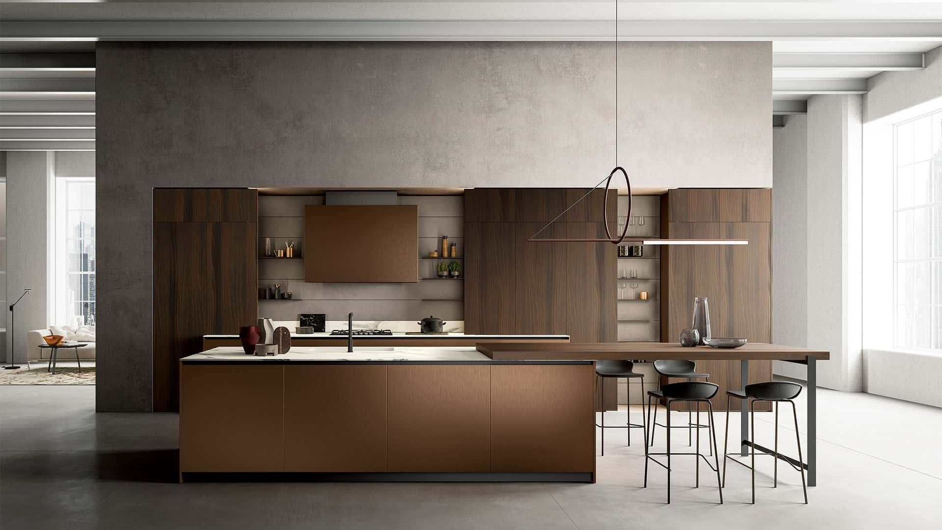 Cucina moderna con mobili in legno scuro, isola marrone e tavolo da pranzo in un luminoso interno minimalista.
