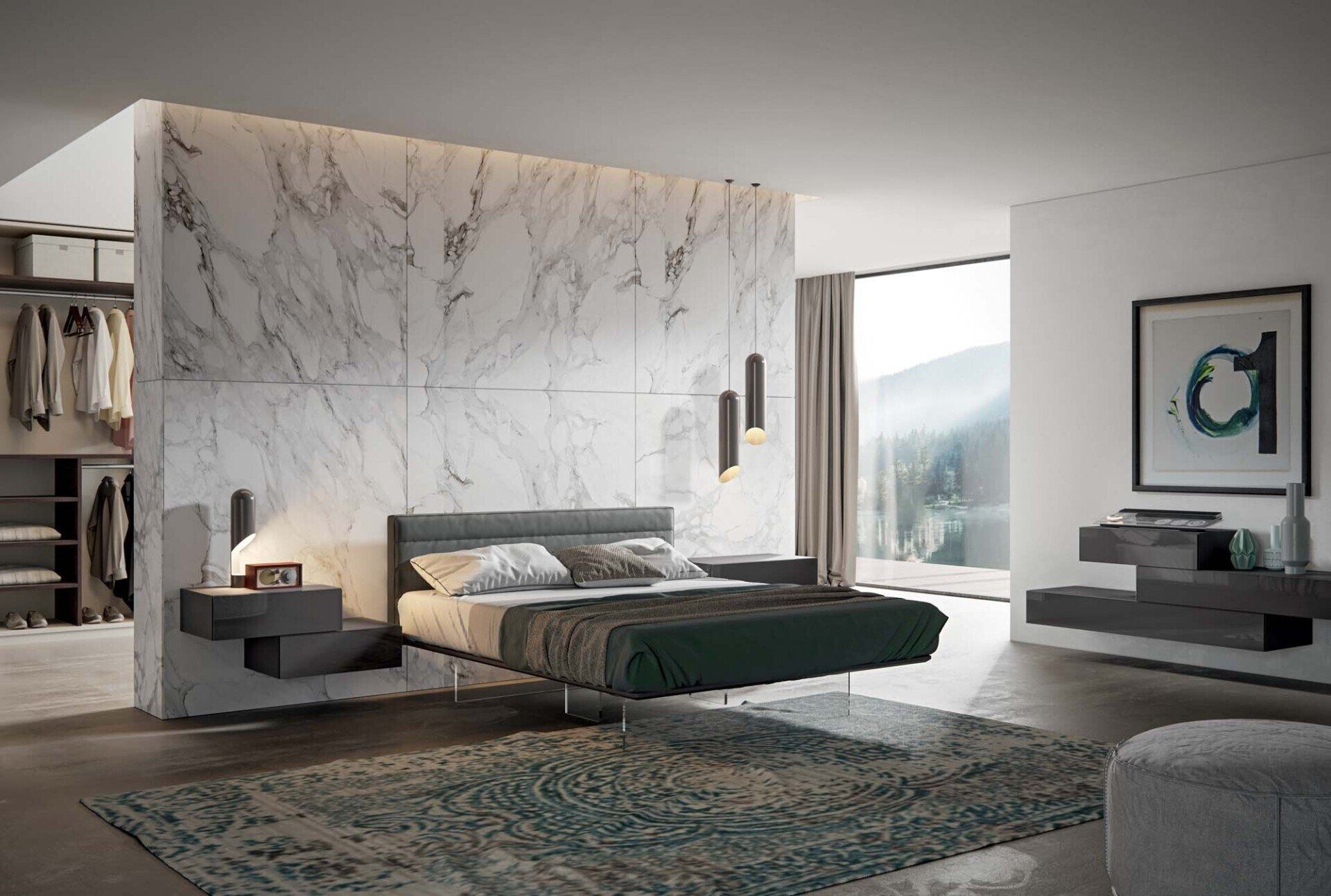 Camera da letto moderna con parete decorativa in marmo, letto, tappeto e ampia finestra con vista sulle montagne.