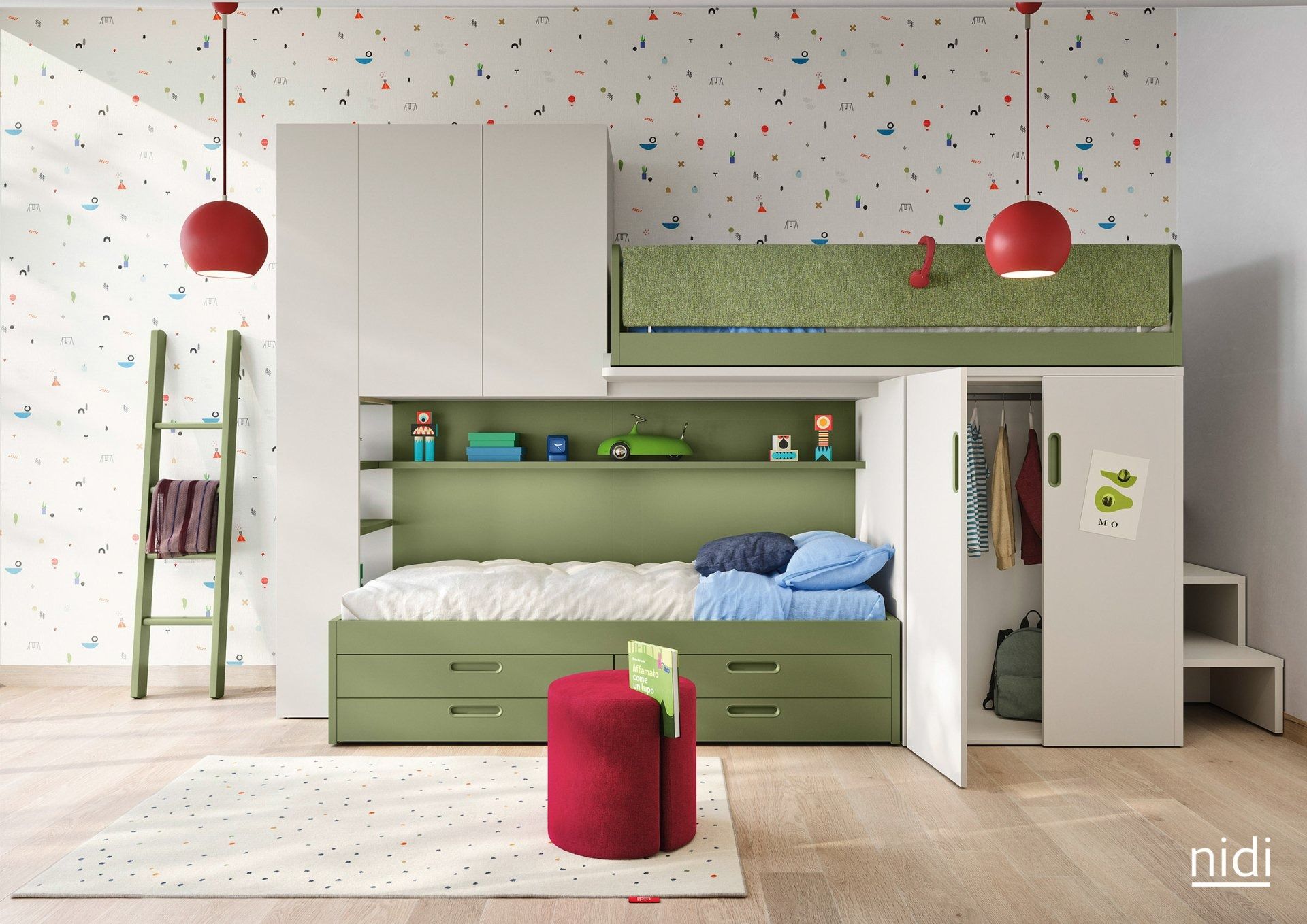 Camera da letto moderna per bambini con letto a castello verde