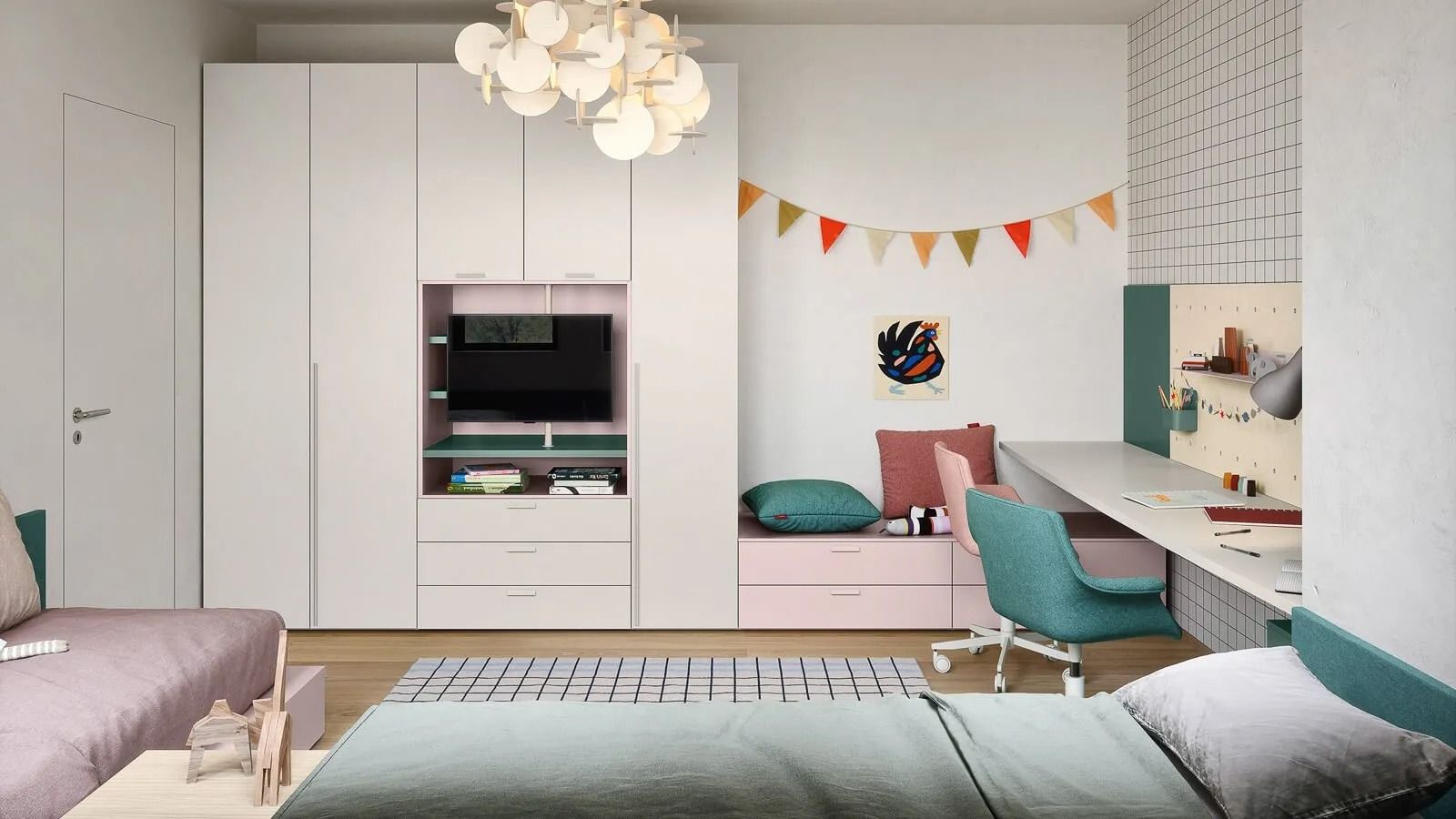 Camera da letto moderna dai toni pastello con scrivania, armadio, due letti singoli e festoni colorati alle pareti.