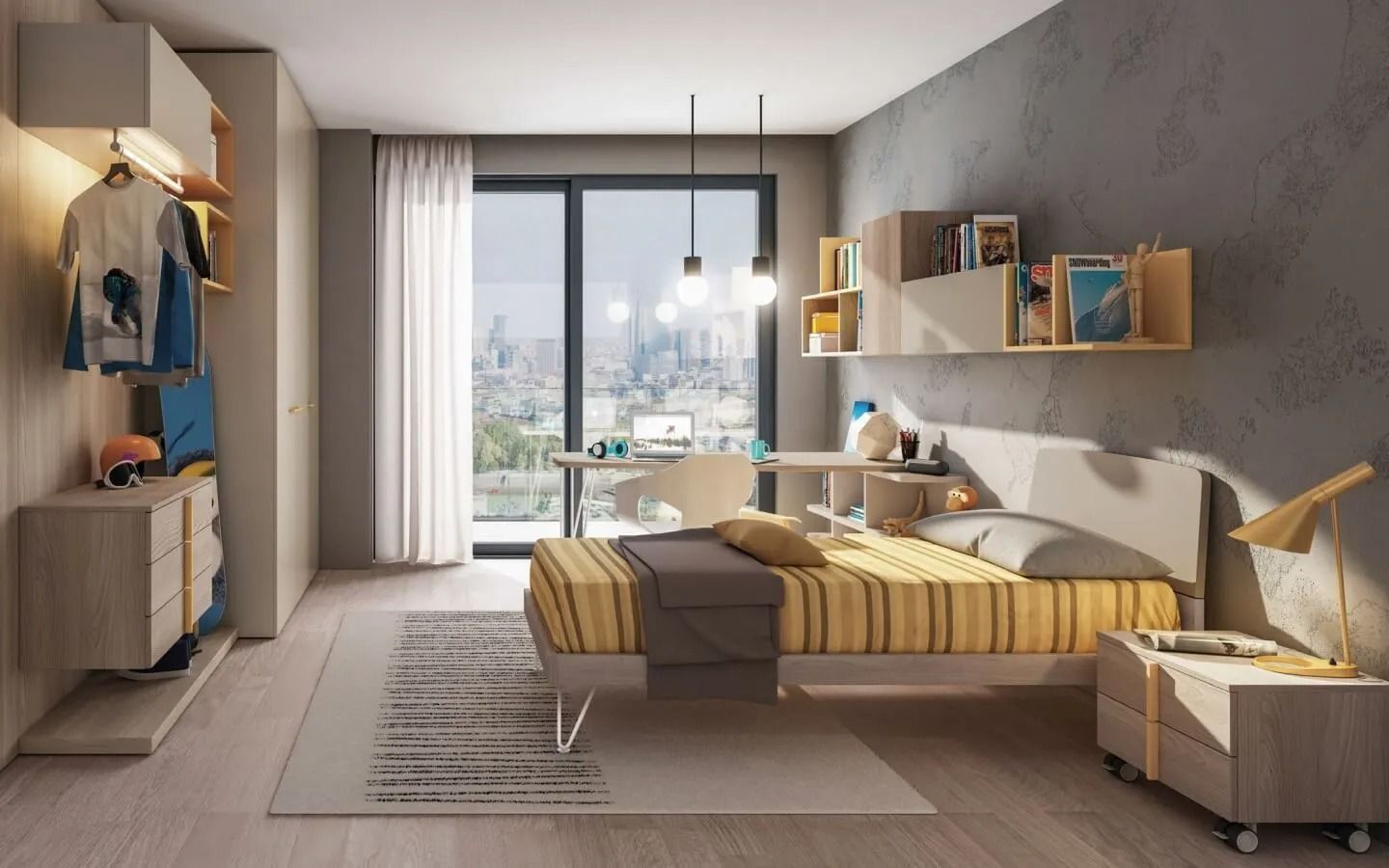 Camera da letto moderna con due letti singoli, mobili in legno chiaroì
