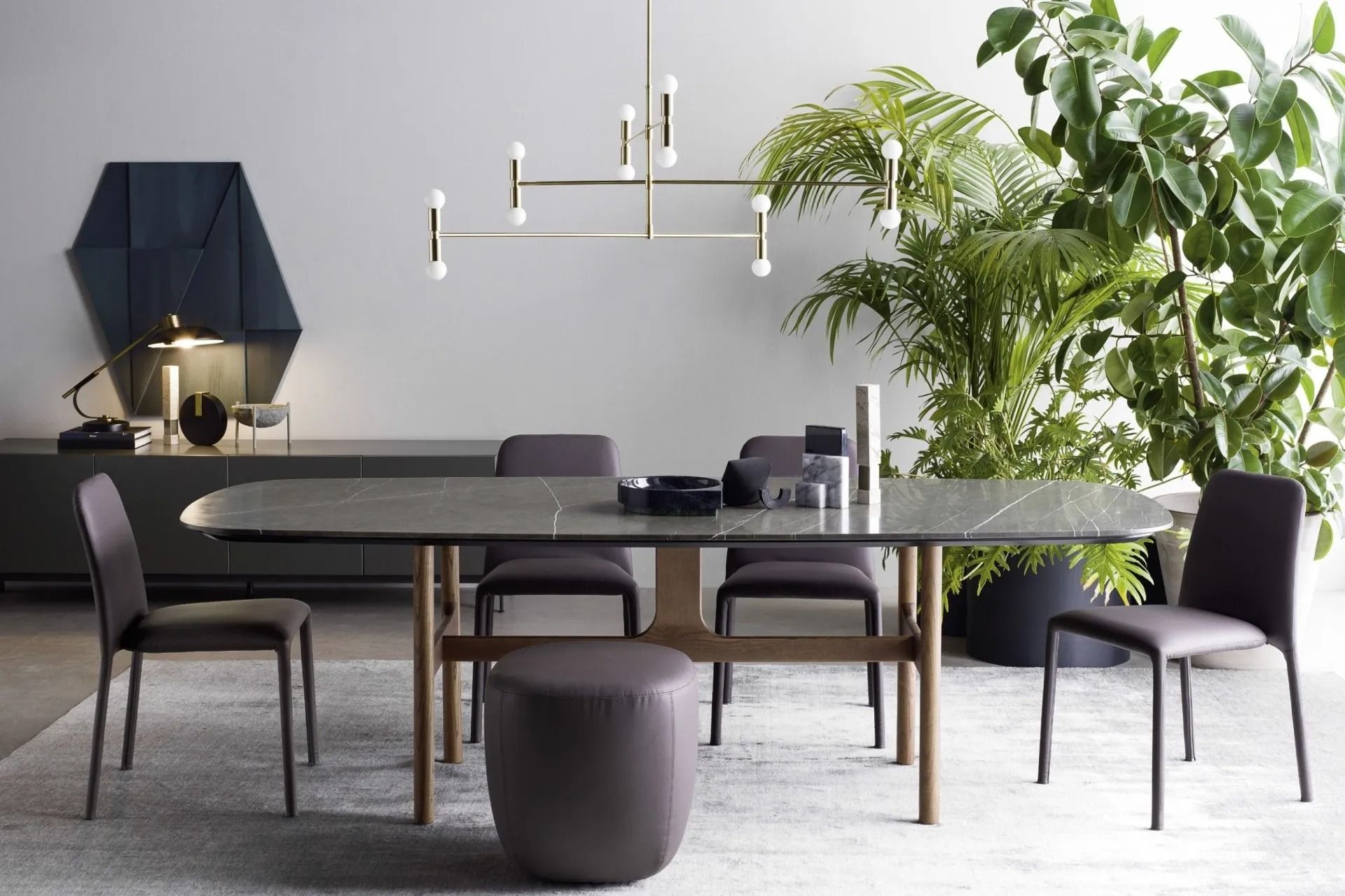 Sala da pranzo moderna con tavolo e sedie neri, lampadario e grande pianta rigogliosa contro una parete grigia.