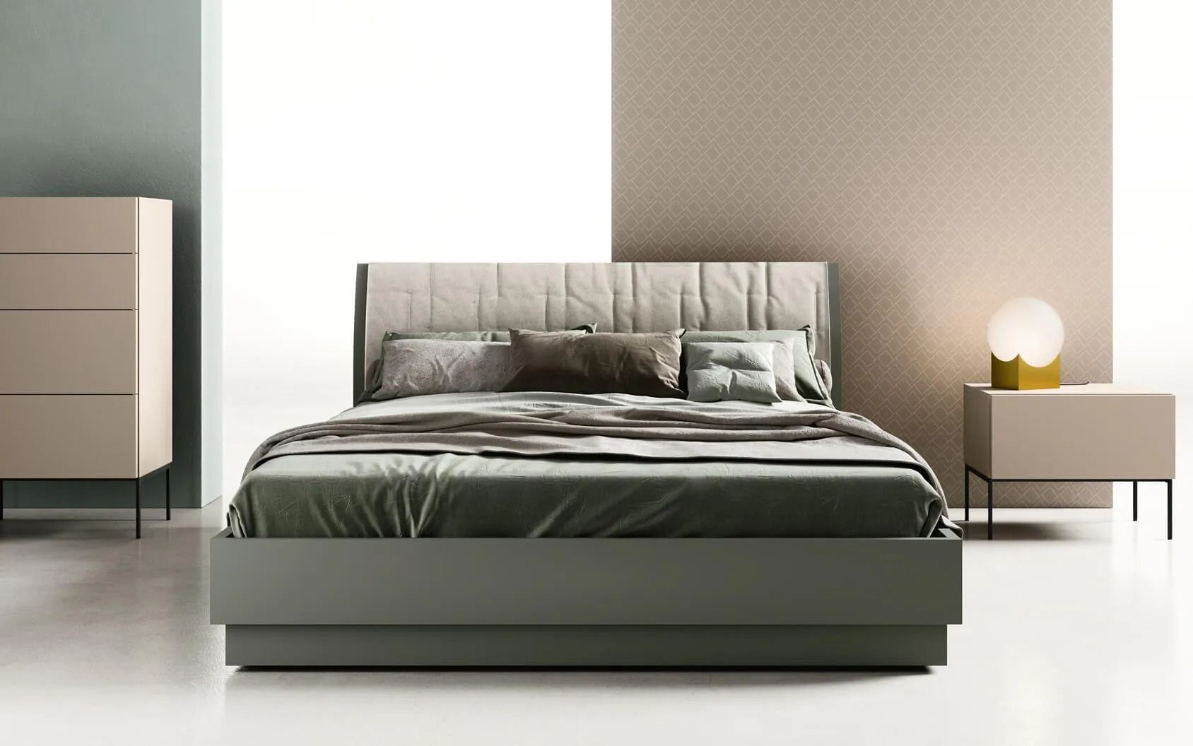 Camera da letto moderna con letto grigio, due comodini e arredi dai toni neutri e delicati.