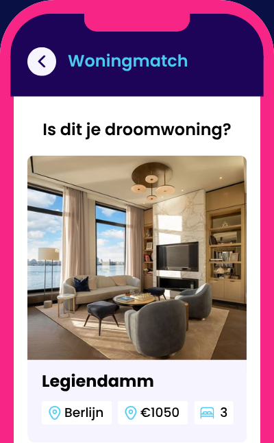 Woningmatch app screen showing a cozy living room listing for Leidendam in Berlin, €1050, 3 rooms