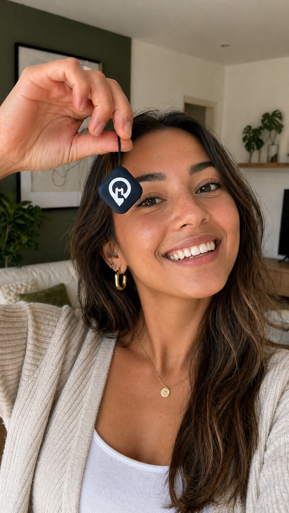 Woman smiling and holding up a small black pendant in a bright indoor room
