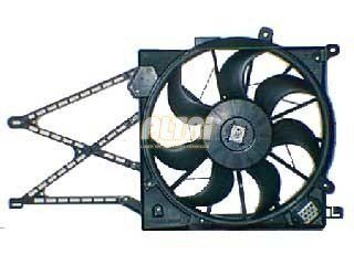 Ventilador de refrigeración negro con soporte de montaje metálico, mostrado en vista frontal sobre fondo blanco.