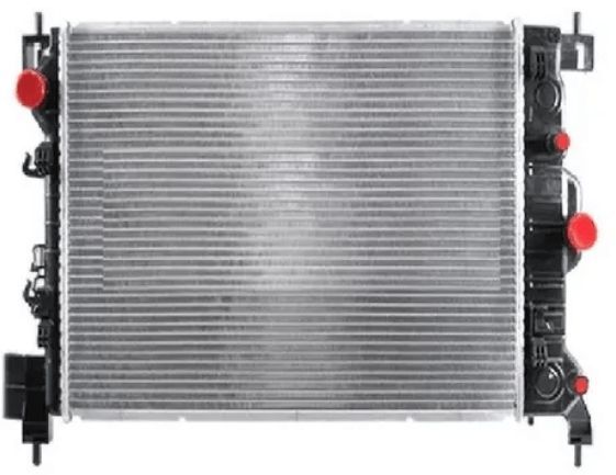 Conjunto de radiador de automóvil con aletas de aluminio y depósitos laterales negros, mostrado en vista frontal.