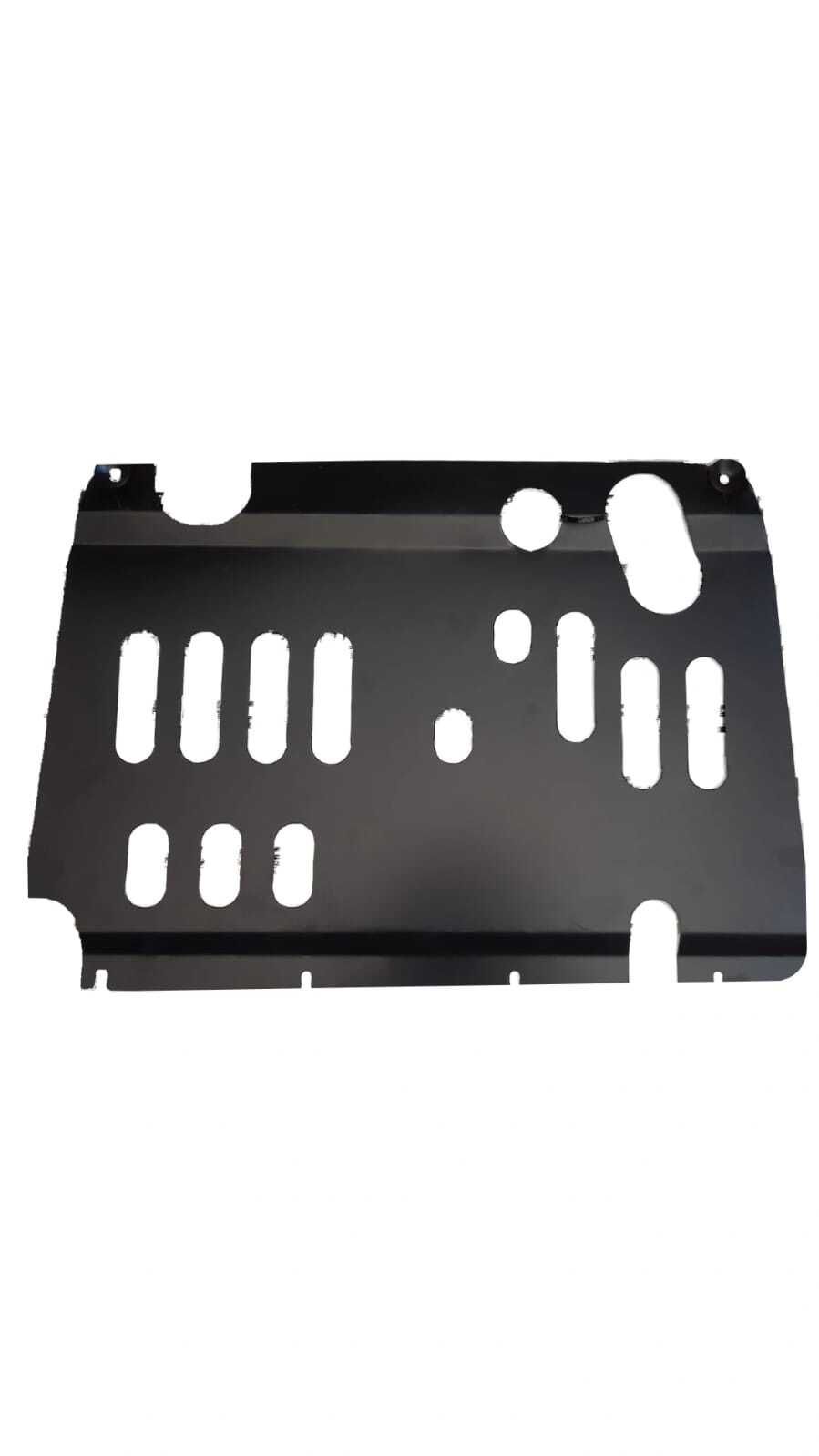 Placa de montaje de metal negro con múltiples ranuras y agujeros sobre un fondo blanco.