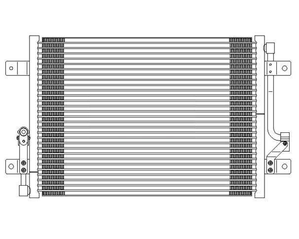 Dibujo técnico esquemático de un radiador o intercambiador de calor rectangular con soportes laterales y conexiones de tuberías.