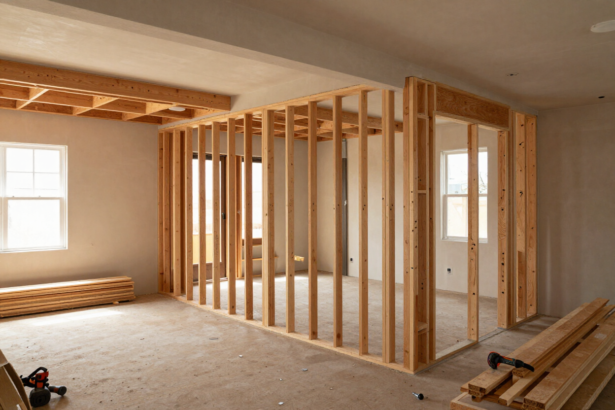 Framed interior room under construction with exposed wood studs