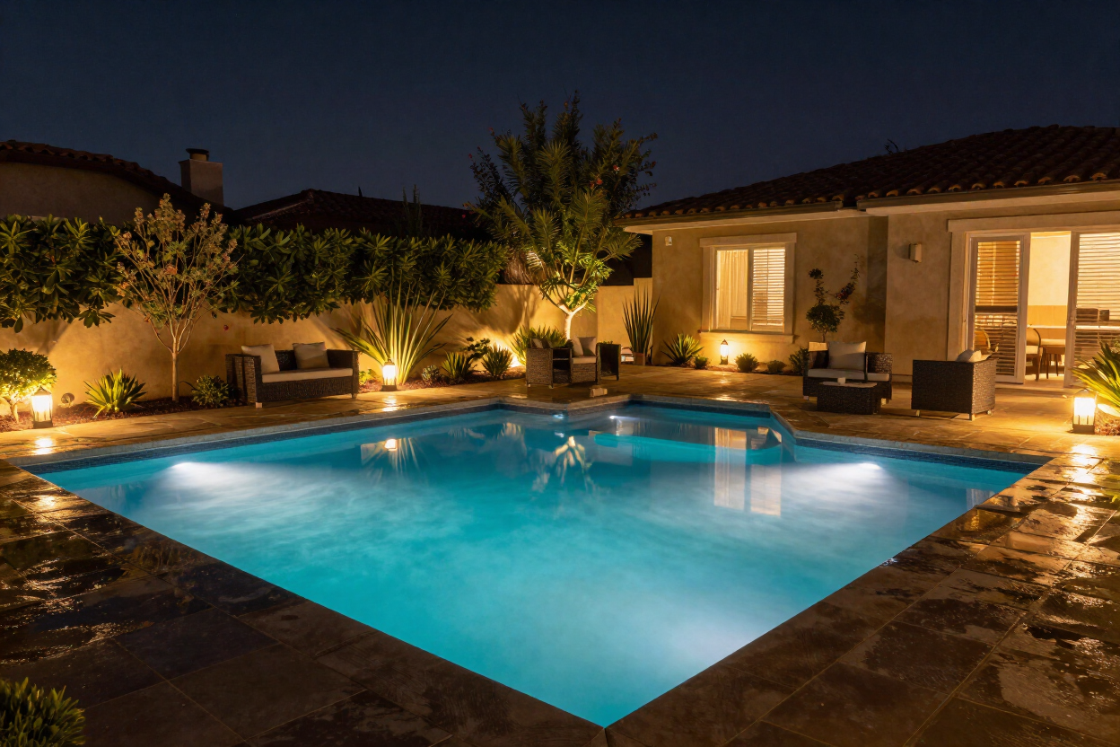 Backyard pool with LED lighting