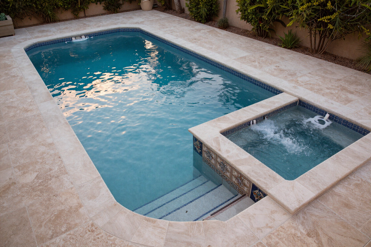 Small backyard pool with a raised square spa