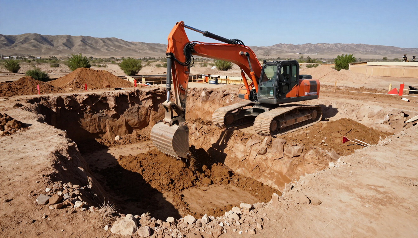 Excavator digging a large trench at a construction site