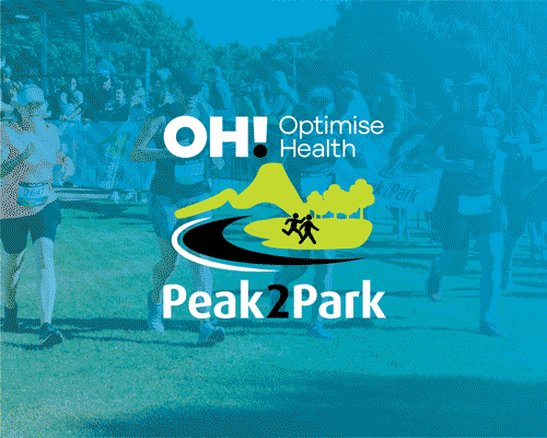 OH! Optimise Health Peak2Park logo over teal-tinted runners in a park