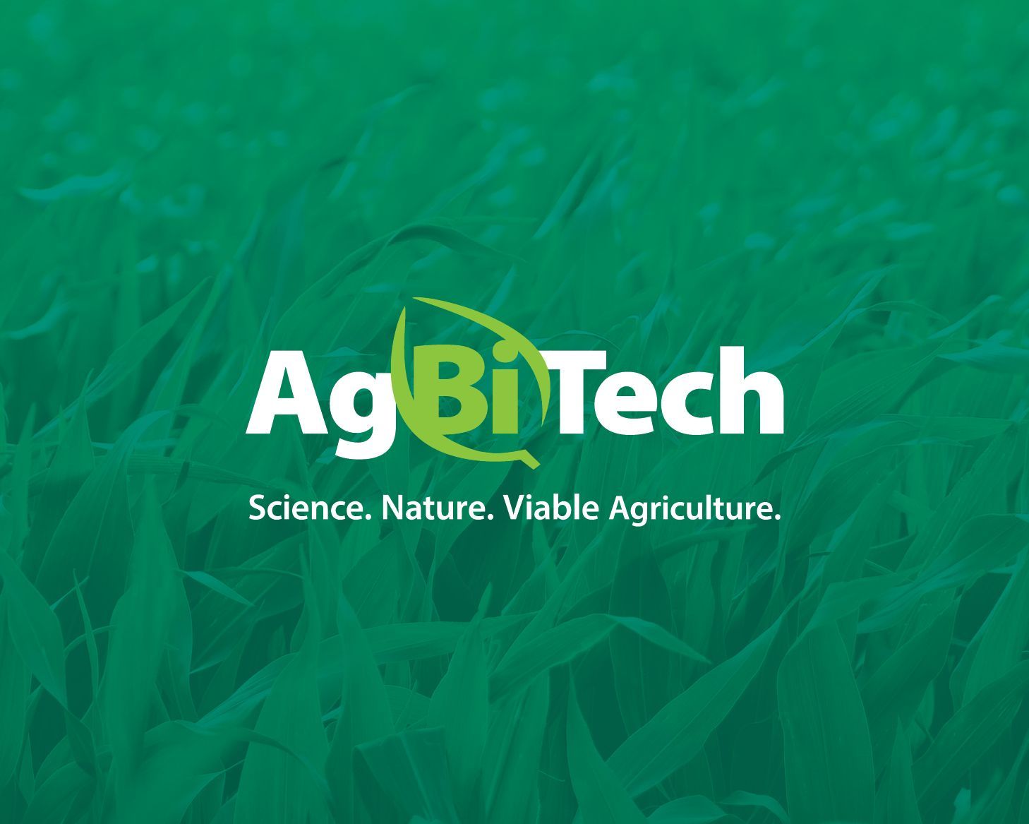 AgBiTech logo over green crop background with tagline “Science. Nature. Viable Agriculture.”