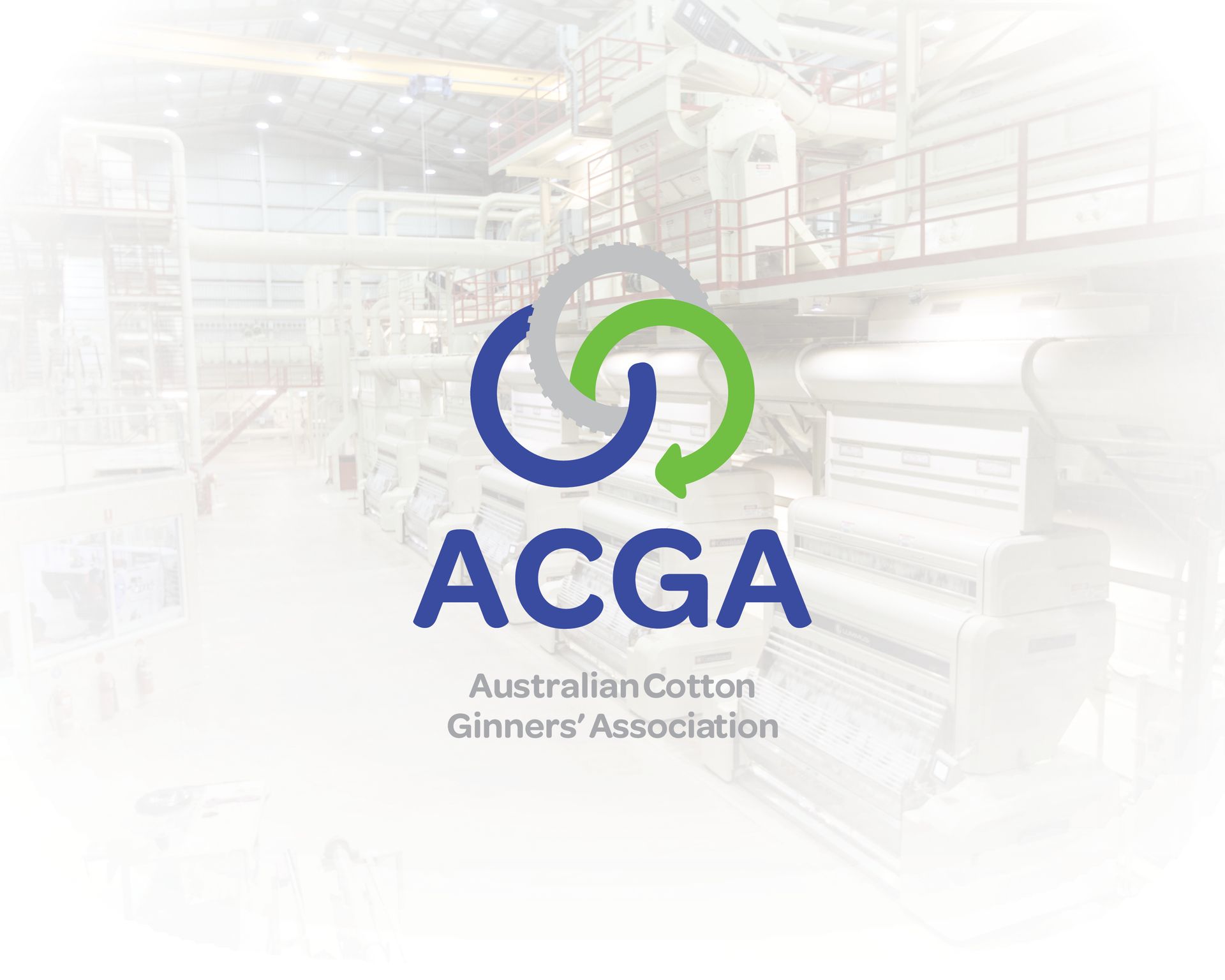 ACGA logo over faint cotton gin background, with blue and green interlocking circles 