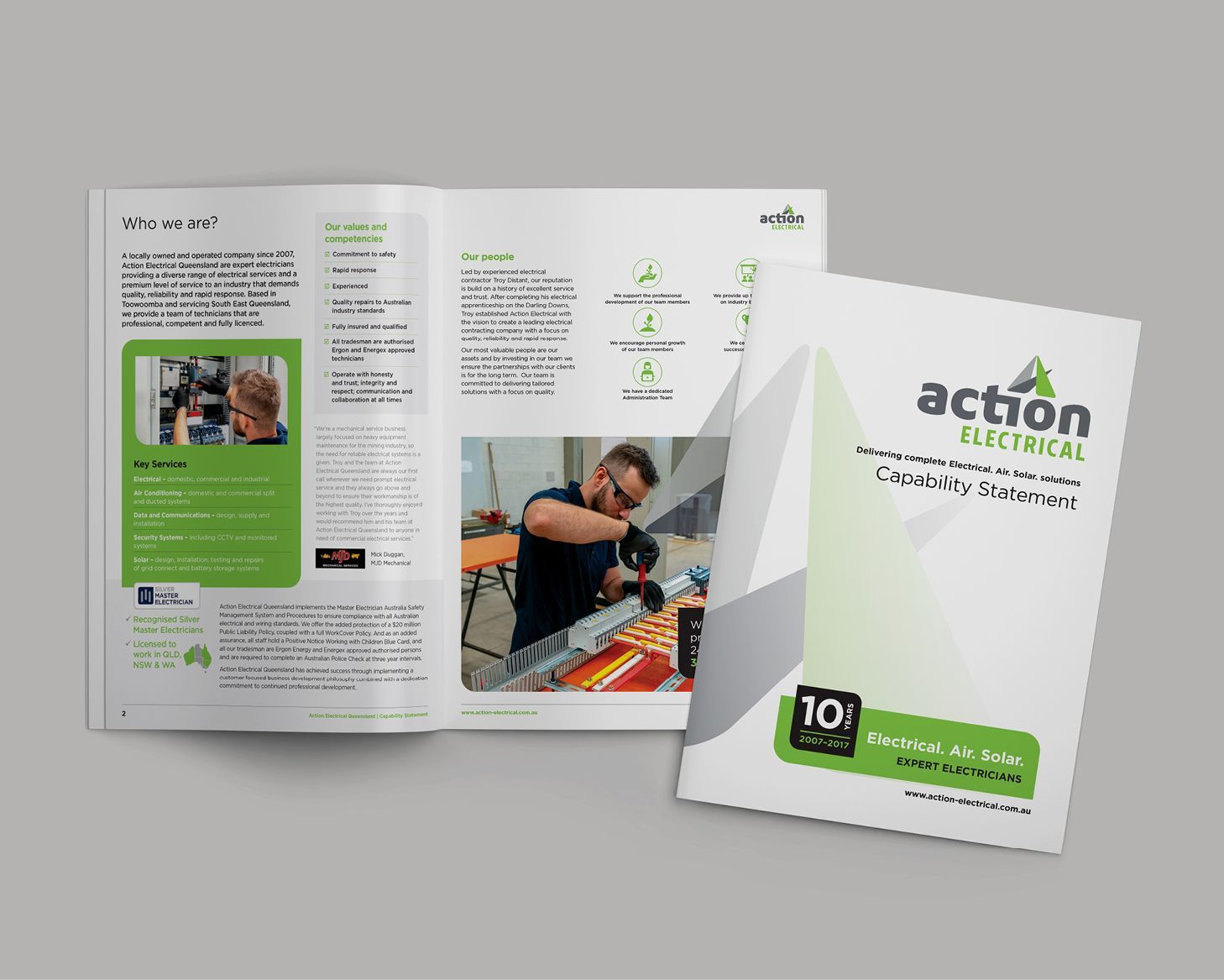 Brochure spread and booklet for Action Electrical, with green-and-white design and photos of electrical work