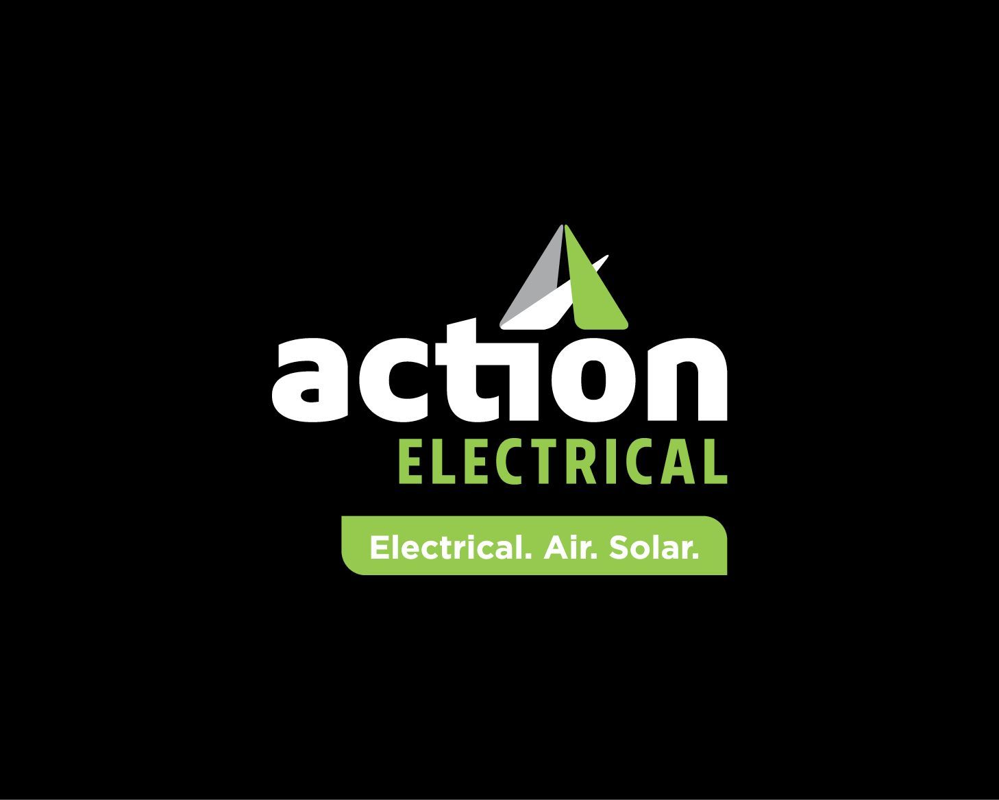 Action Electrical logo in white and green with “Electrical. Air. Solar.” tagline on black background