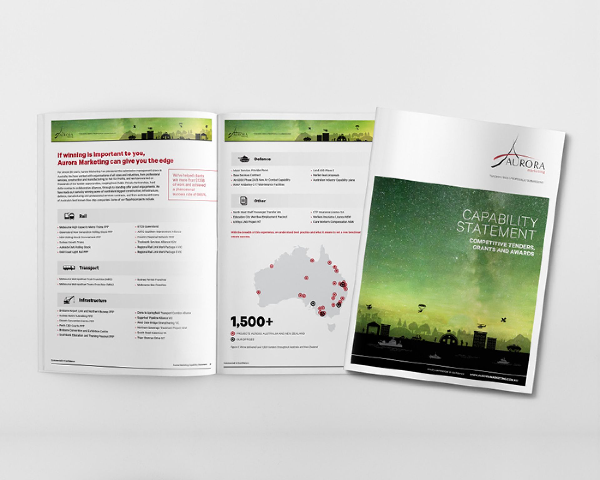 Three green-and-white brochure pages displayed on a white background, showing text, charts, and a skyline cover