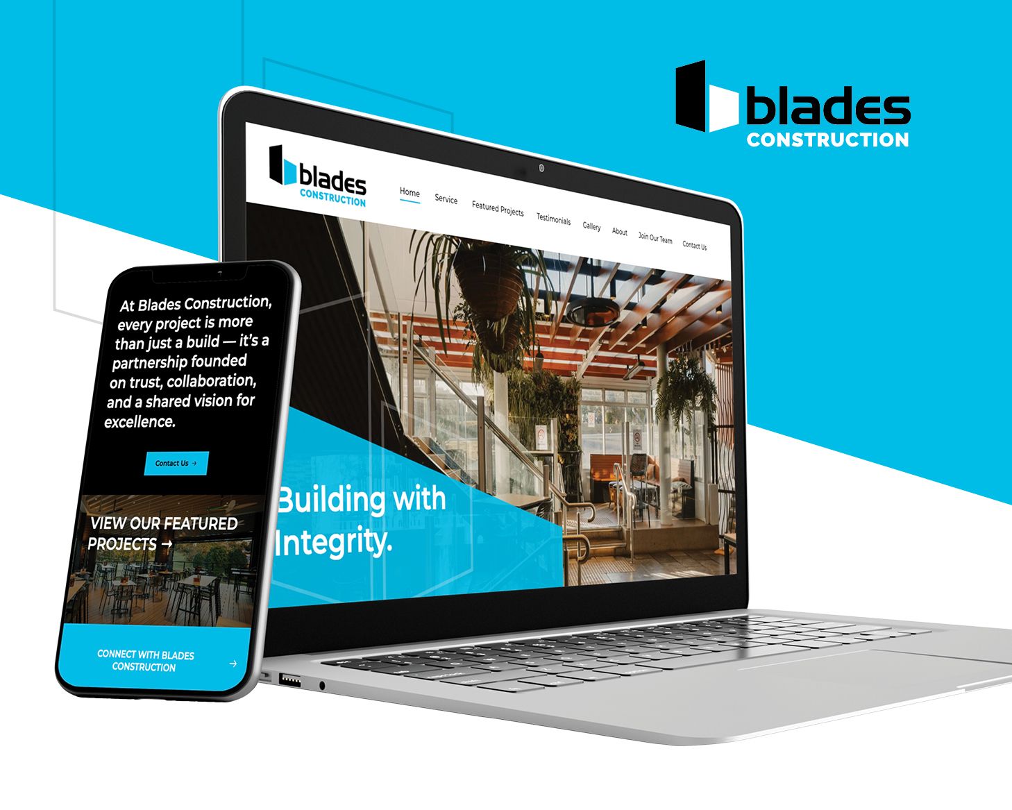 Blades Construction website on laptop and phone with blue branding and construction site imagery