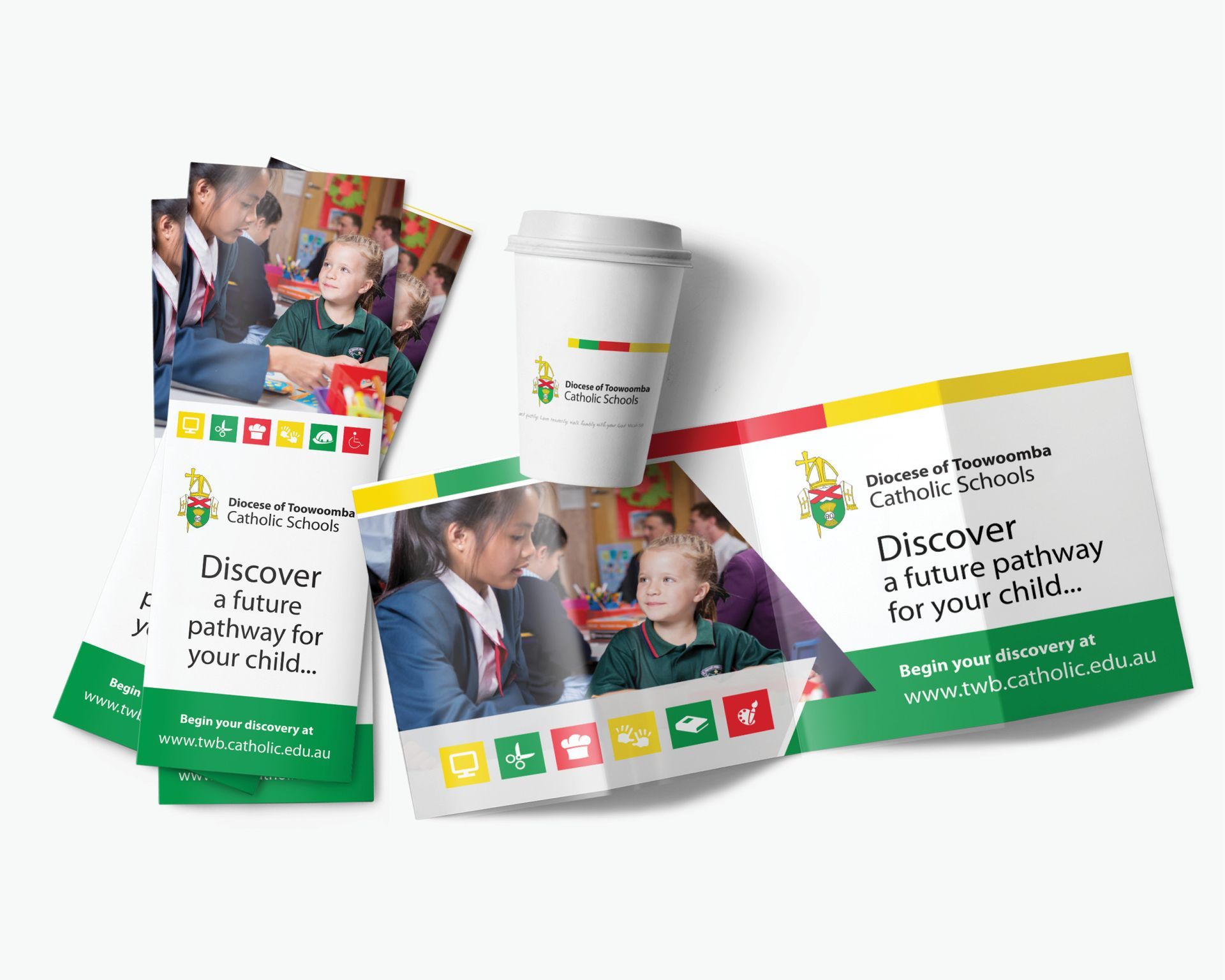 Promotional health kit with brochure, cup and card in green, white and yellow, featuring smiling people and icons