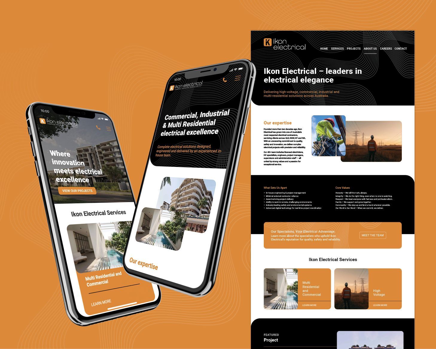 Travel website mockup on orange background, showing two smartphones and a webpage layout for destinations.