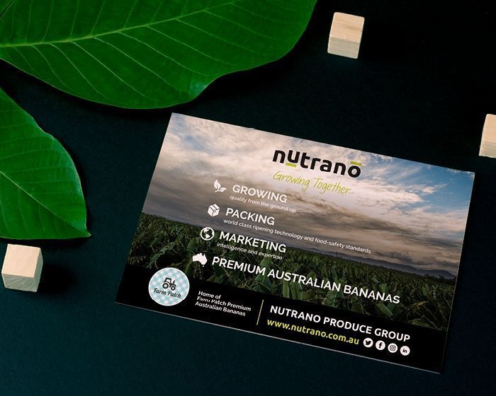 Nutrano premium Australian bananas card on dark background with green leaves and small wooden cubes