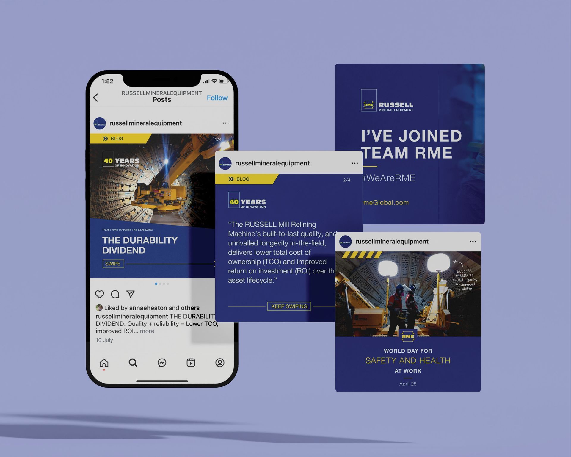 Purple social media mockup announcing “I’ve joined Team RME” with a phone and three post cards