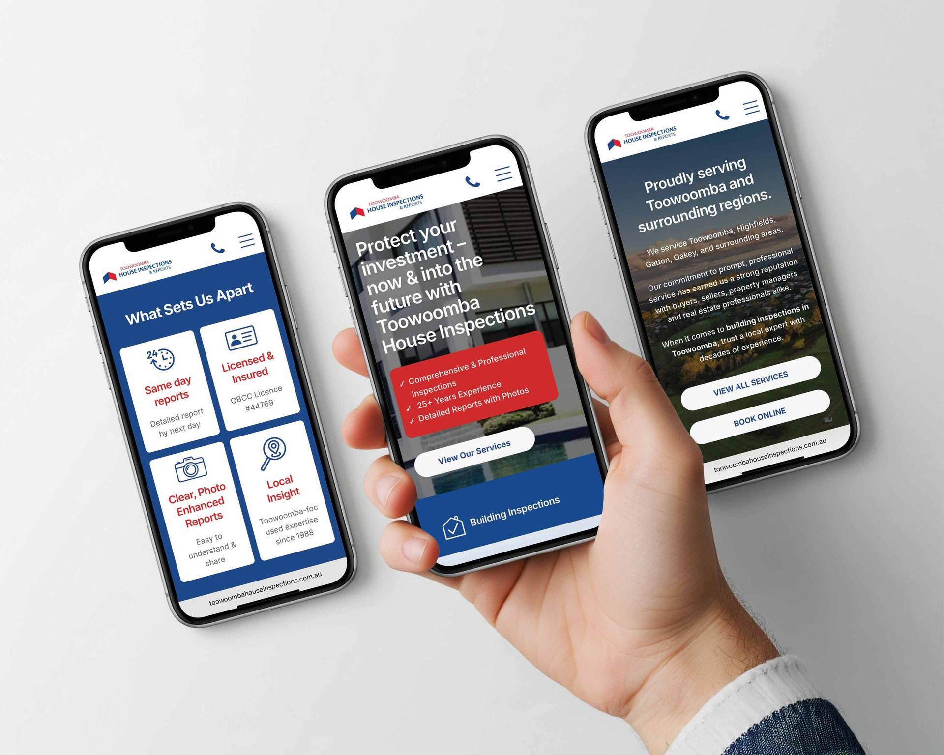 Three smartphones displaying app screens, one held in a hand on a light background.