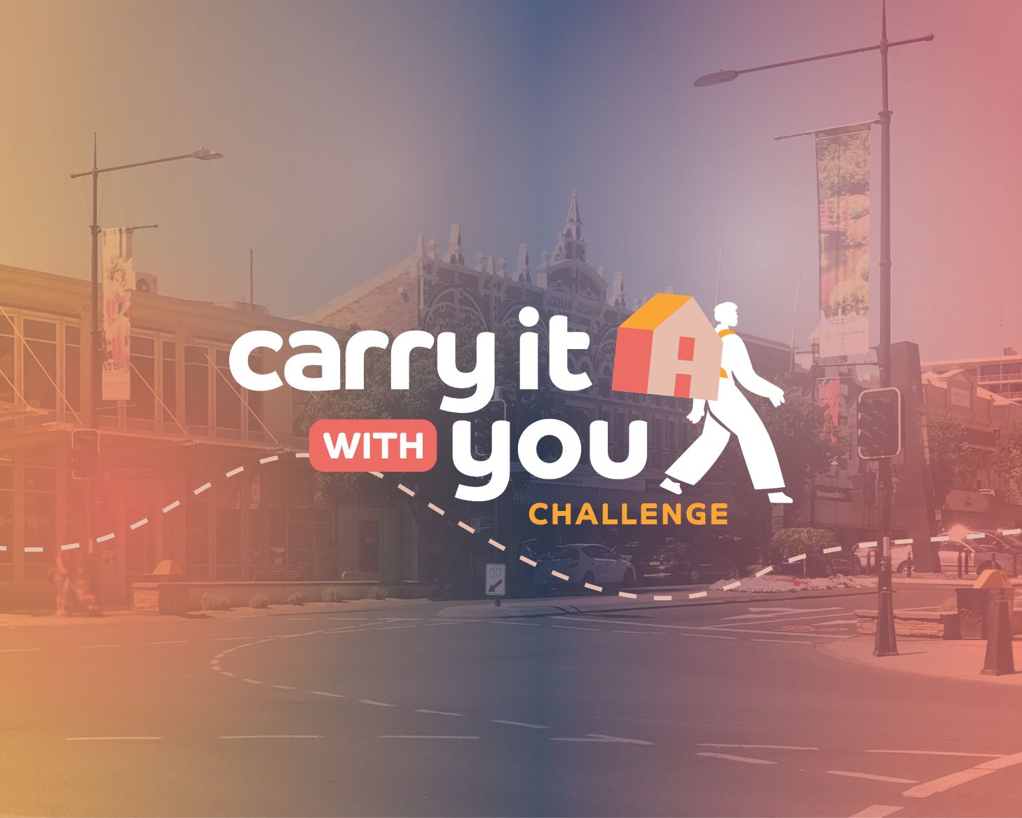“Carry It With You Challenge” logo over a warm-toned city street scene with a person carrying a backpack