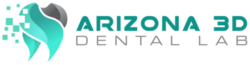 Logo for Arizona 3D Dental Lab, featuring a tooth design in teal and gray, with teal text on a white background.