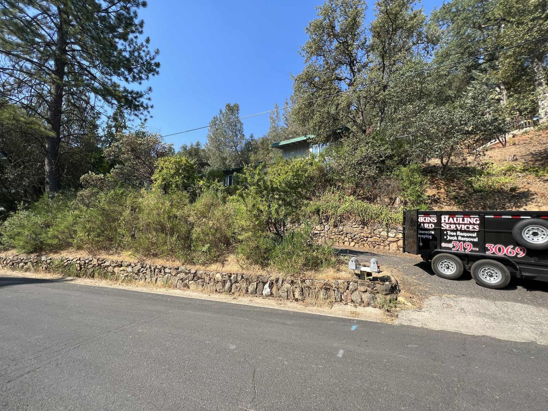 Roadside view of a green house surrounded by trees and bushes on a hill; a black trailer is parked nearby.