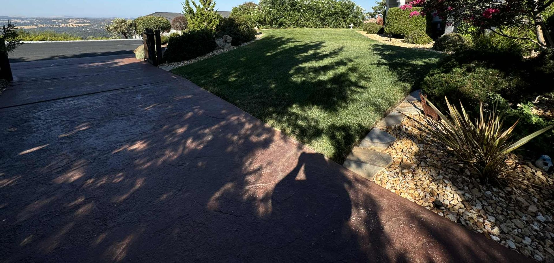 A driveway, with a grassy hill on the right, and the shadow of a person taking the photo.