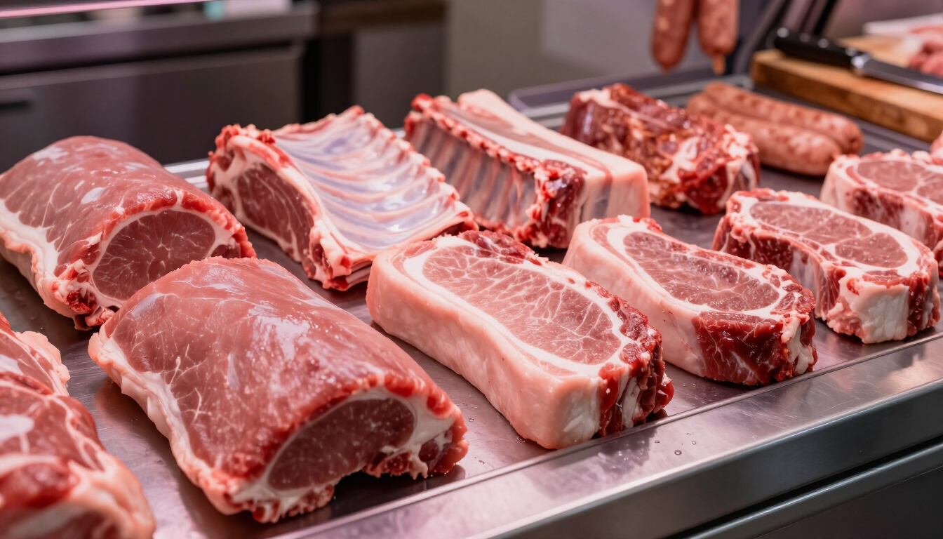Cortes de carne cruda expuestos en un mostrador de acero inoxidable en una carnicería.