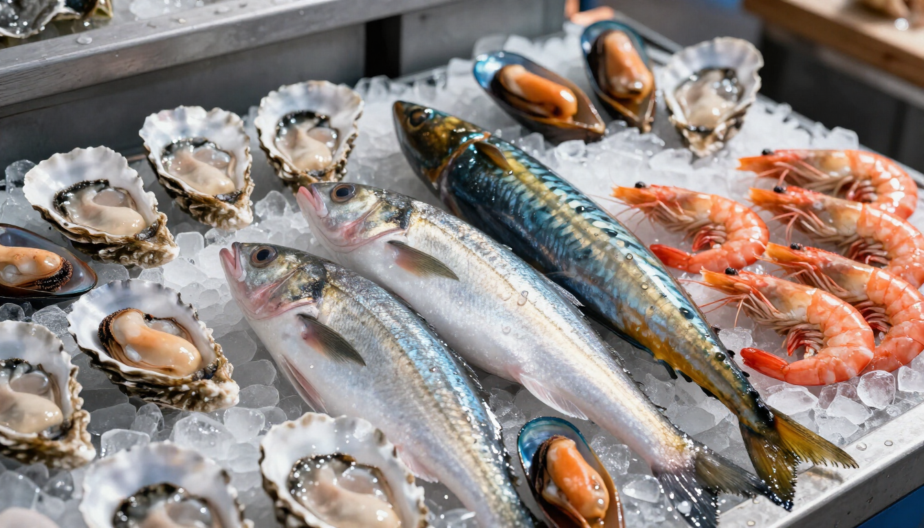 Exhibición de mariscos frescos con ostras, pescado y camarones sobre hielo en un mostrador del mercado.
