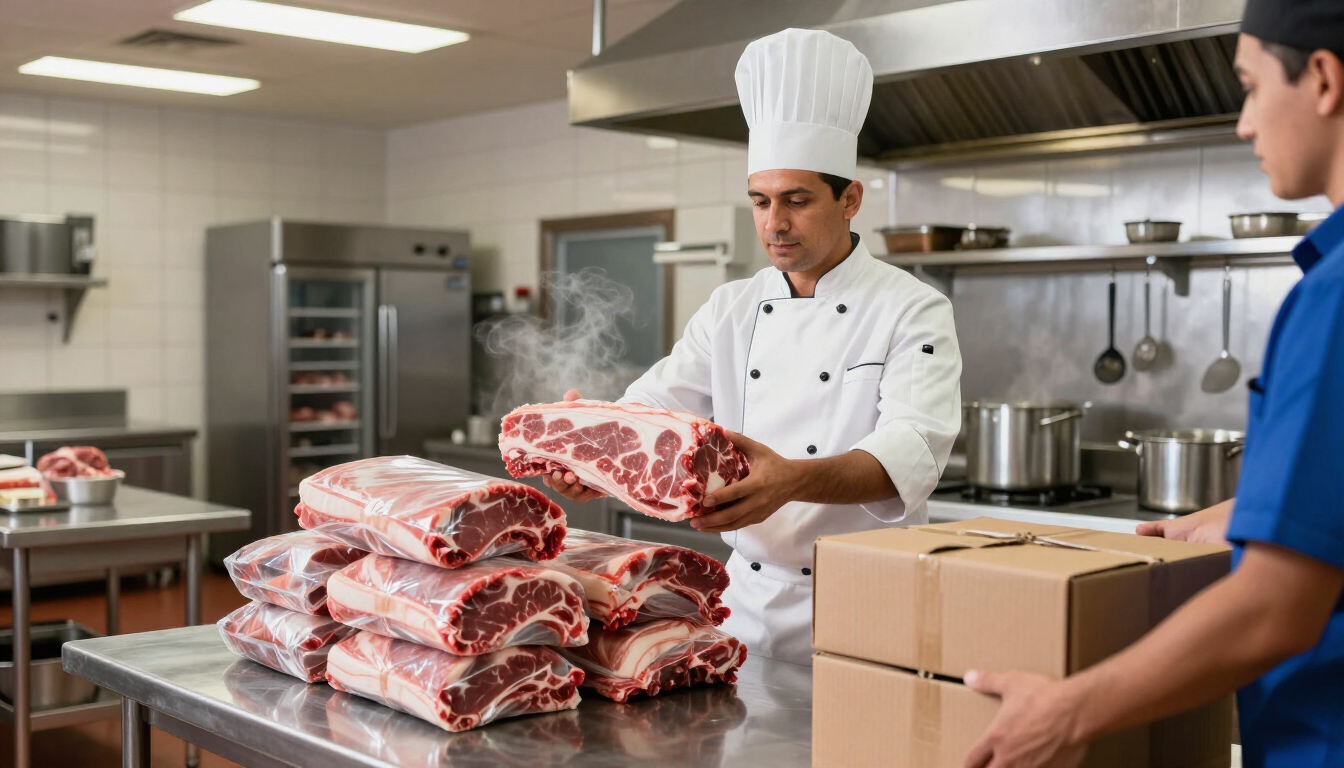 Chef apilando carne envasada en una cocina comercial con cajas y equipo de acero inoxidable.