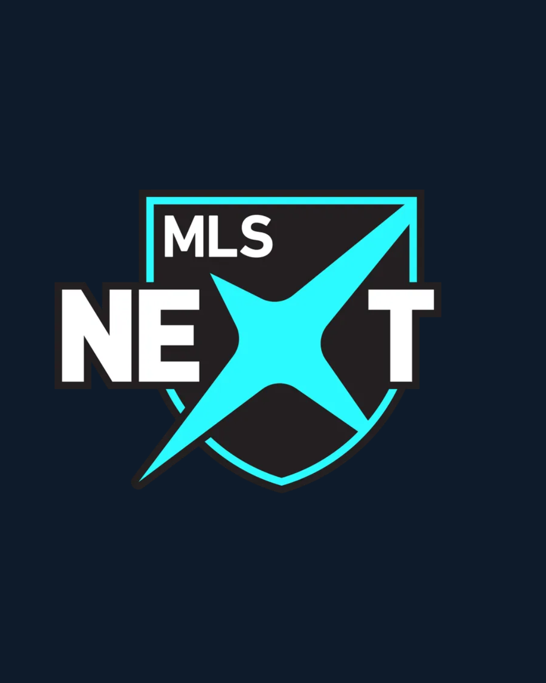 MLS Next logo in white and cyan on a dark navy background