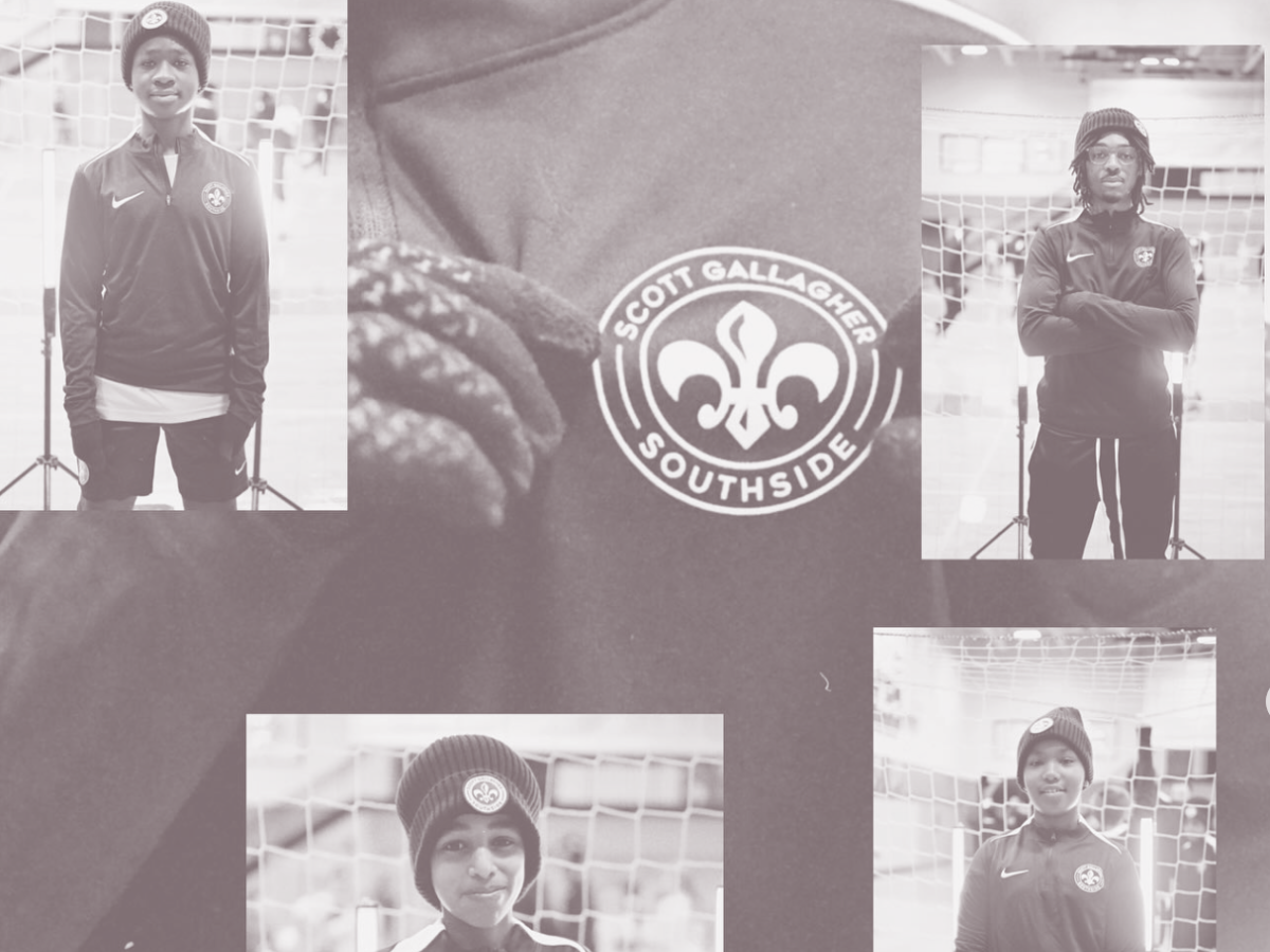 Collage of four people in hoodies, centered on a “Southside” fleur-de-lis logo
