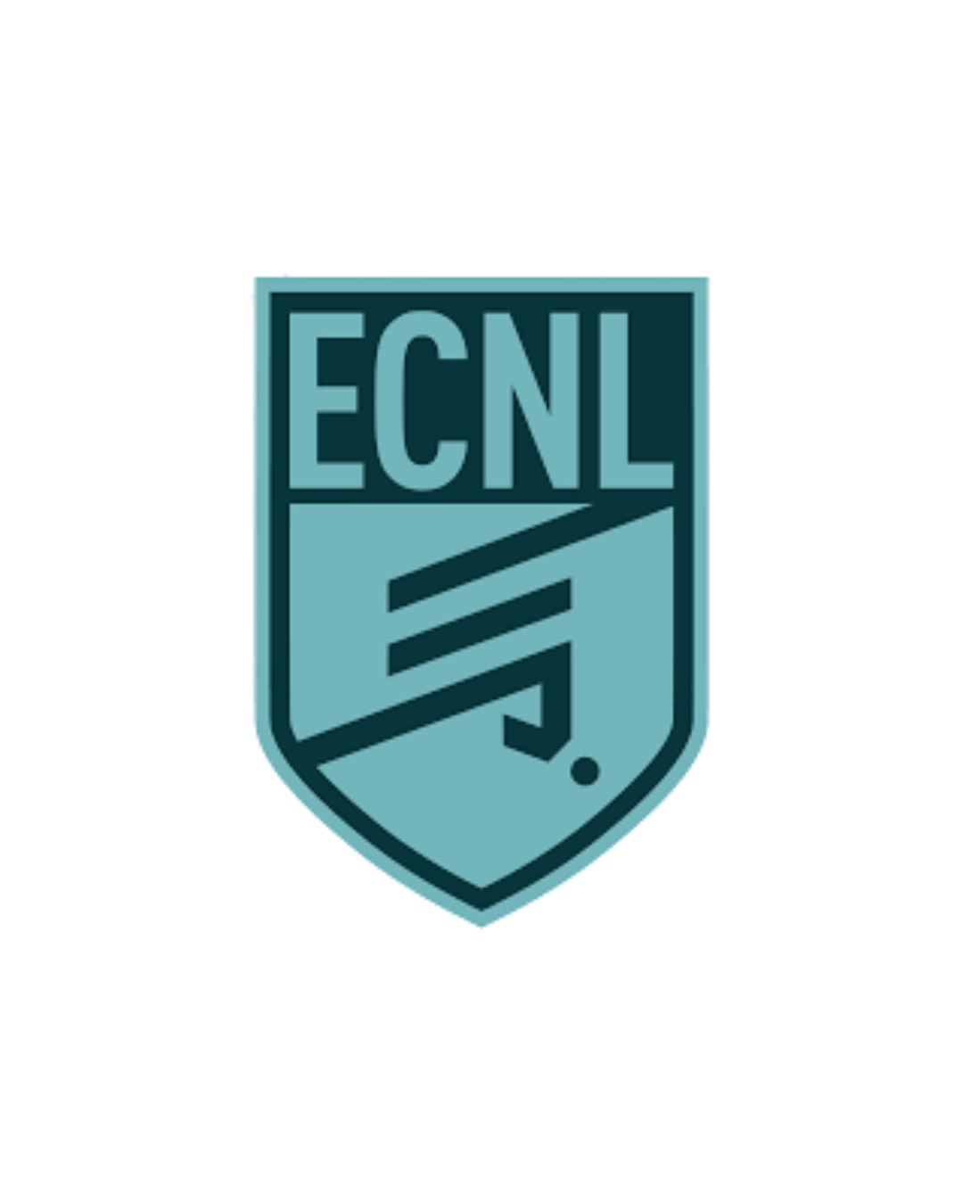 ECNL teal shield logo with dark lettering and diagonal stripes
