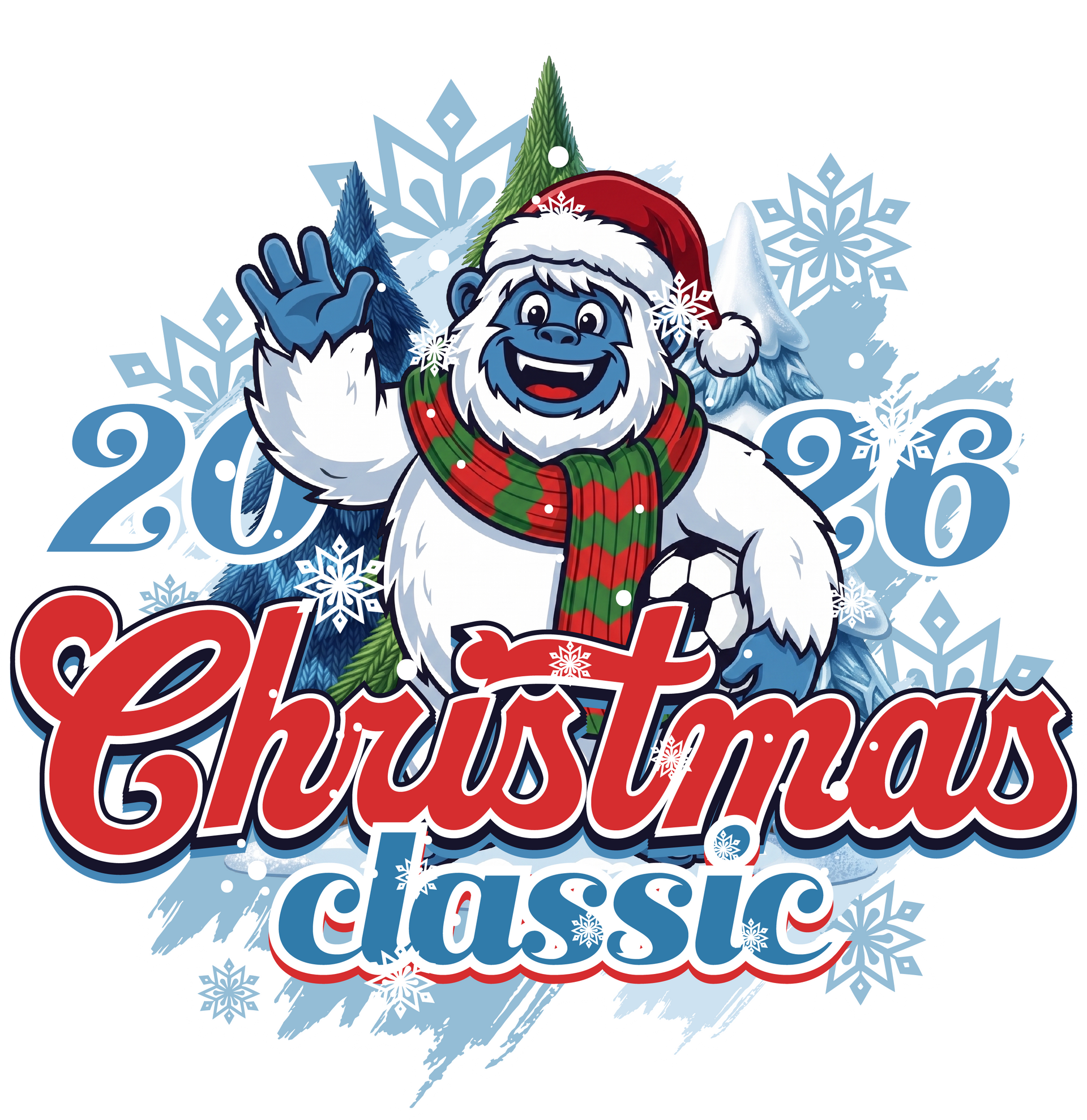 Cartoon snowman in Santa hat and scarf with “2026 Christmas classic” text and snowflakes