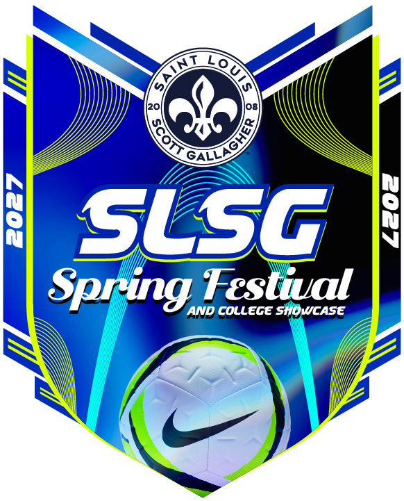 SLSG Spring Festival 2023 soccer showcase poster in blue and neon green with a soccer ball emblem