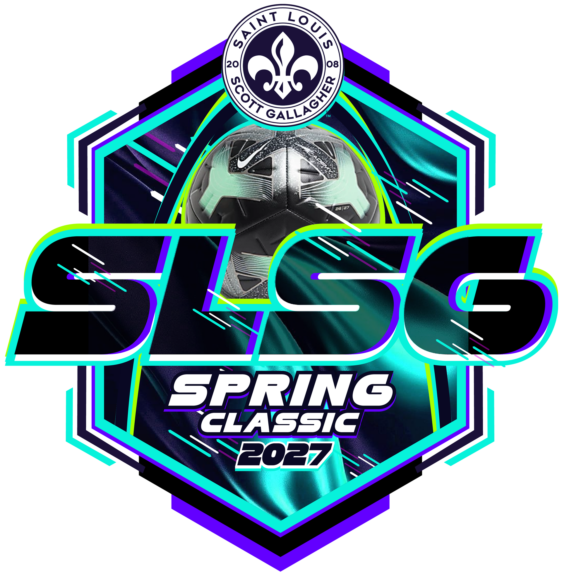 SLSG Spring Classic 2027 soccer tournament logo with neon teal and purple accents