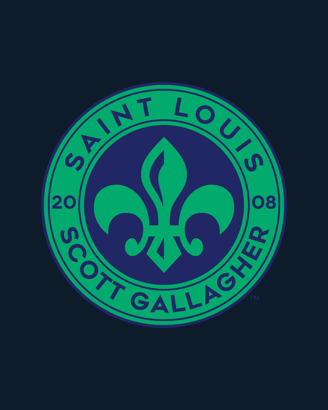 Saint Louis Scott Gallagher soccer club logo in teal and green on a dark background