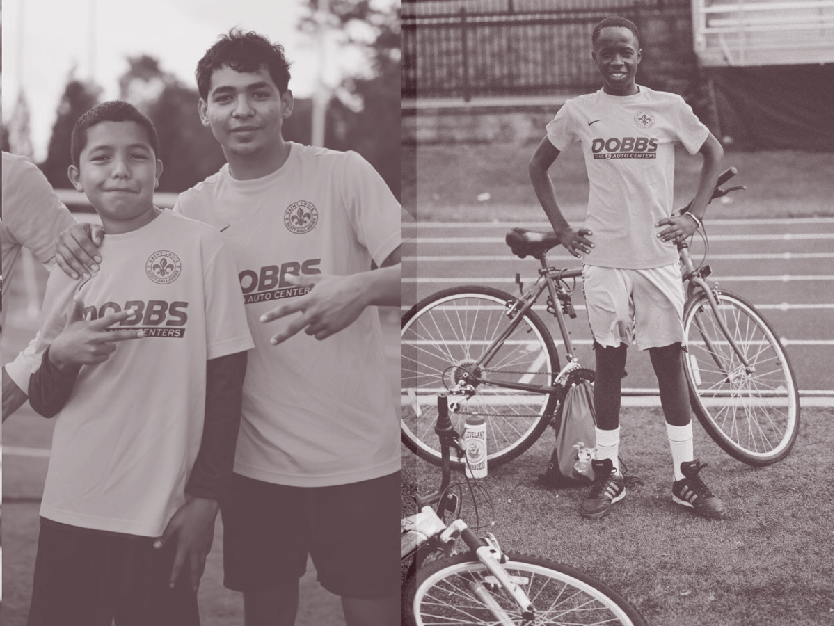 Two athletes posing outdoors, one in a cycling jersey beside a bicycle.