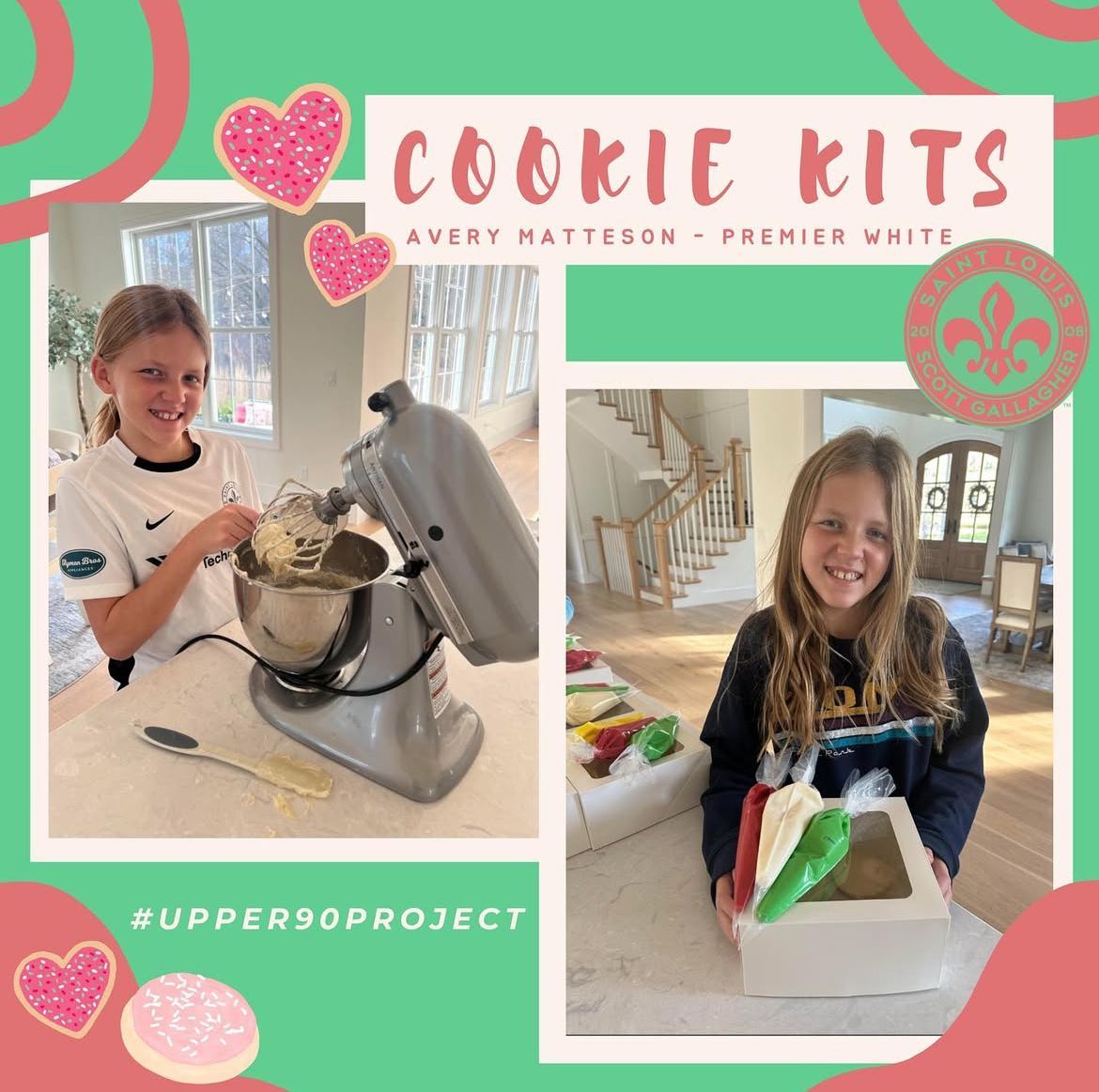 Two women making cookie kits, with pink and green scrapbook-style borders and “Cookie Kits” text.