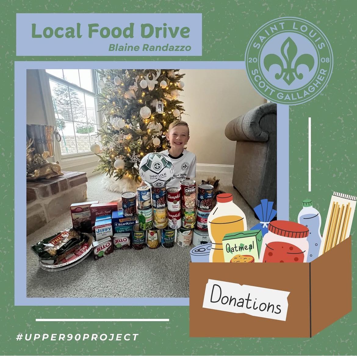 Local food drive poster with donation boxes and canned goods in front of a child by a Christmas tree