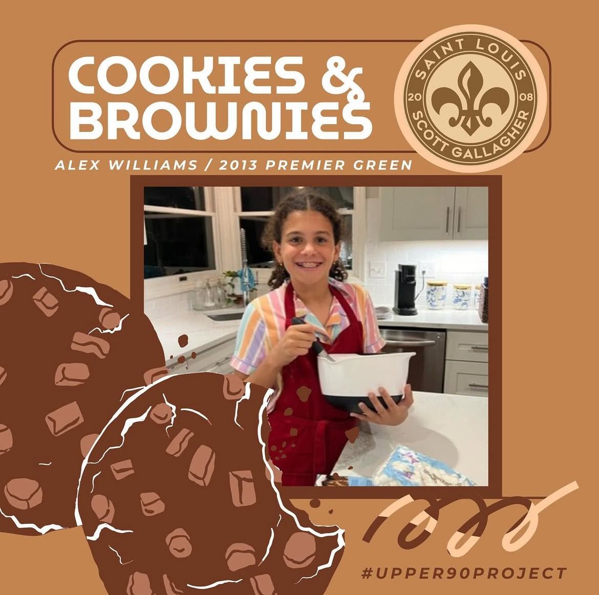 Cookie project poster showing a smiling student holding a bowl in a kitchen, with “Cookies & Brownies” text.