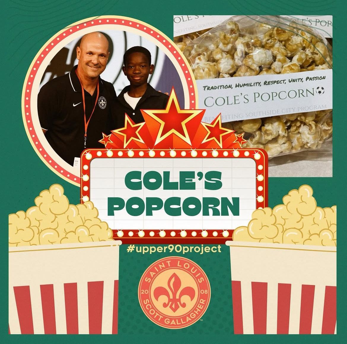 Cole's Popcorn logo with popcorn tubs, red stars, and a photo of two people holding a popcorn bag